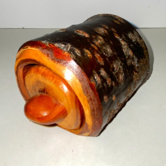 Small Wooden Log Trinket Box Treasure Secret Drawer Blue Velvet Vintage Signed - Picture 2 of 6